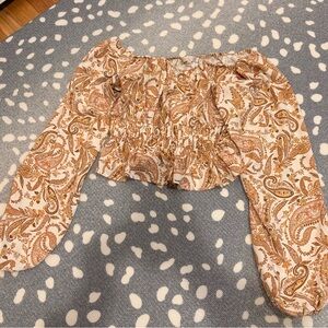 Worn once wayf Smocked Off-Shoulder Paisley Crop Top in Cream and Brown
